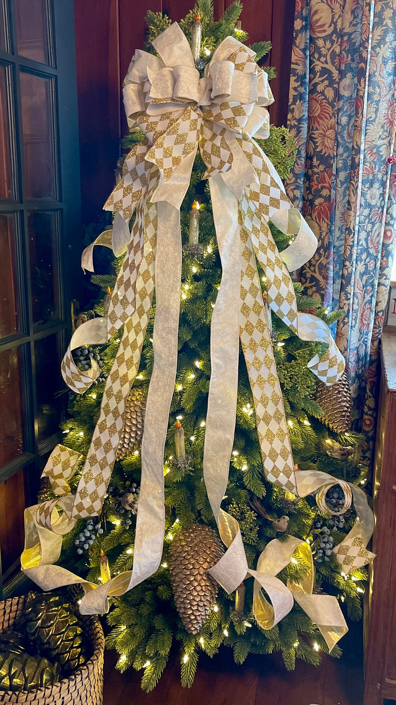 The Marilyn Gold & white Christmas Tree Topper Bow, White bow for tree, Xmas bow, tree trimming bow, long streamer bow, mailbox decor