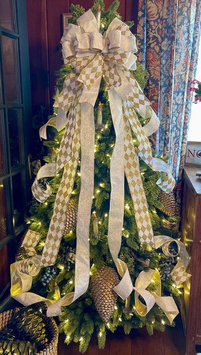 The Marilyn Gold & white Christmas Tree Topper Bow, White bow for tree, Xmas bow, tree trimming bow, long streamer bow, mailbox decor