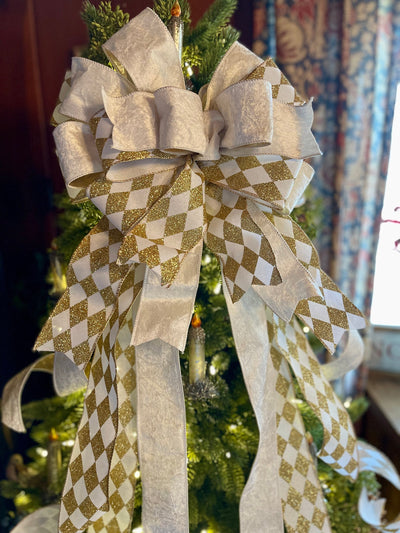 The Marilyn Gold & white Christmas Tree Topper Bow, White bow for tree, Xmas bow, tree trimming bow, long streamer bow, mailbox decor