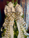 The Marilyn Gold & white Christmas Tree Topper Bow, White bow for tree, Xmas bow, tree trimming bow, long streamer bow, mailbox decor