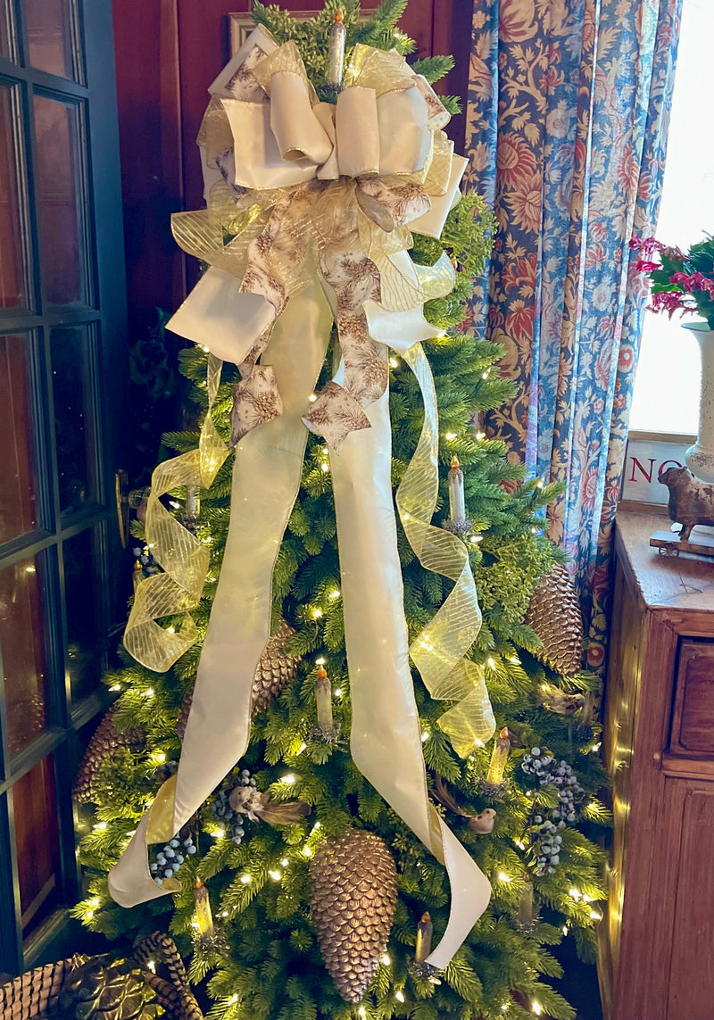 The Melody Ivory & Gold Christmas Tree Topper Bow, luxury ribbon topper, XL bow topper for christmas tree, cream and gold topper for tree