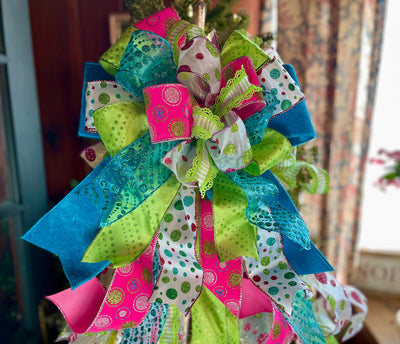 The Lourdes Hot Pink & Lime Green Christmas Tree Topper Bow