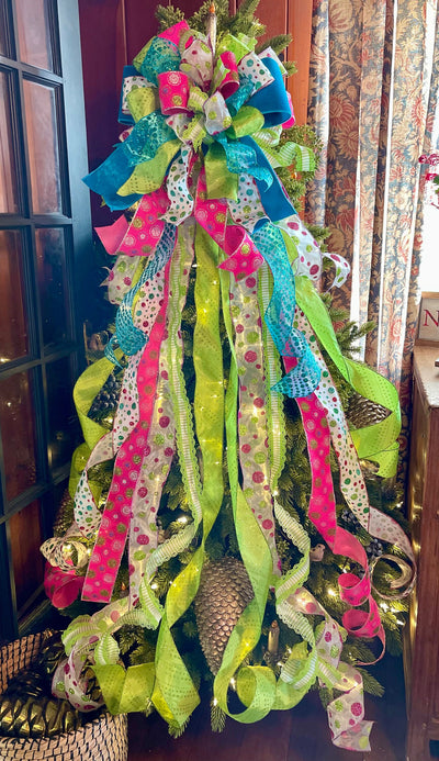 The Lourdes Hot Pink & Lime Green Christmas Tree Topper Bow