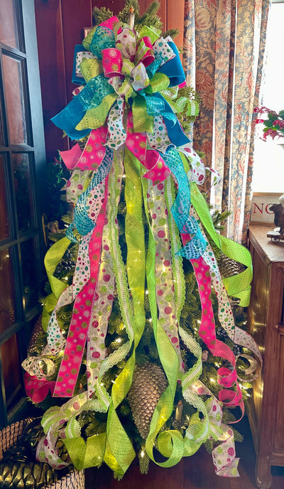 The Lourdes Hot Pink & Lime Green Christmas Tree Topper Bow