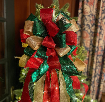 The Sophia Red Green & Gold Christmas Tree Topper Bow