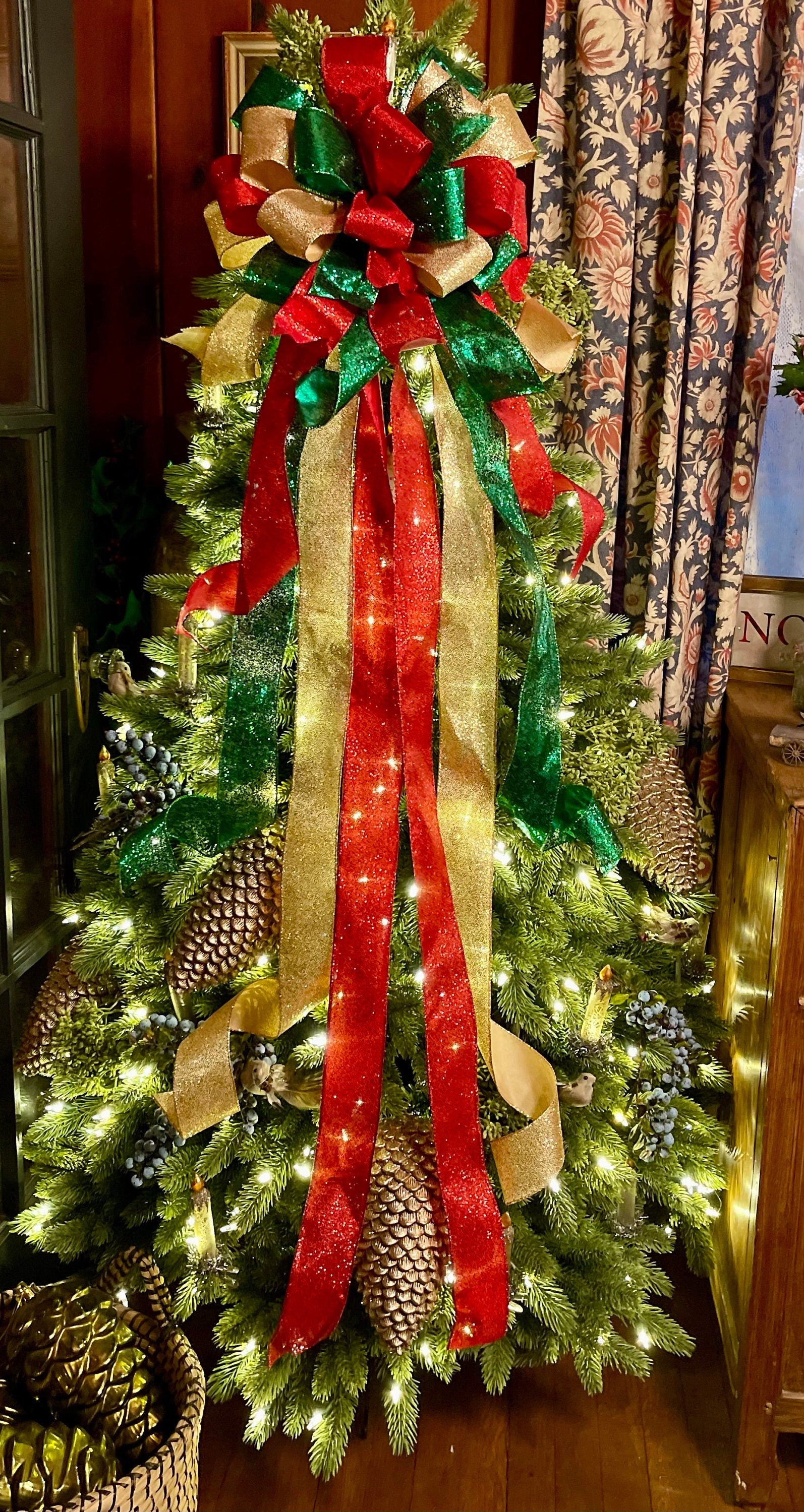 The Sophia Red Green & Gold Christmas Tree Topper Bow