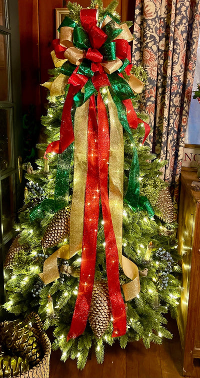 The Sophia Red Green & Gold Christmas Tree Topper Bow