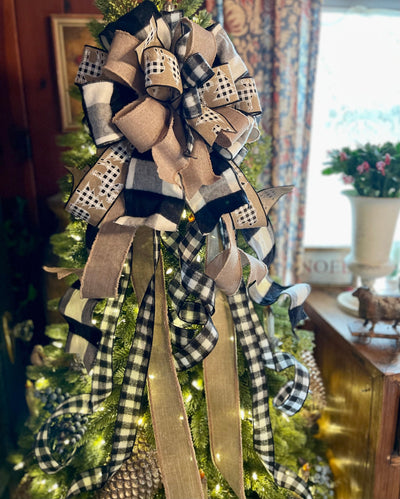 The Kimmie White & Black Christmas Tree Topper Bow