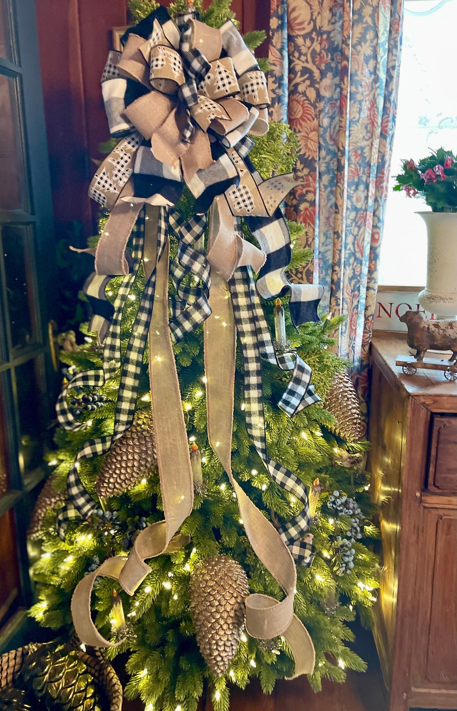 The Kimmie Black White Buffalo Check Christmas Tree Topper Bow