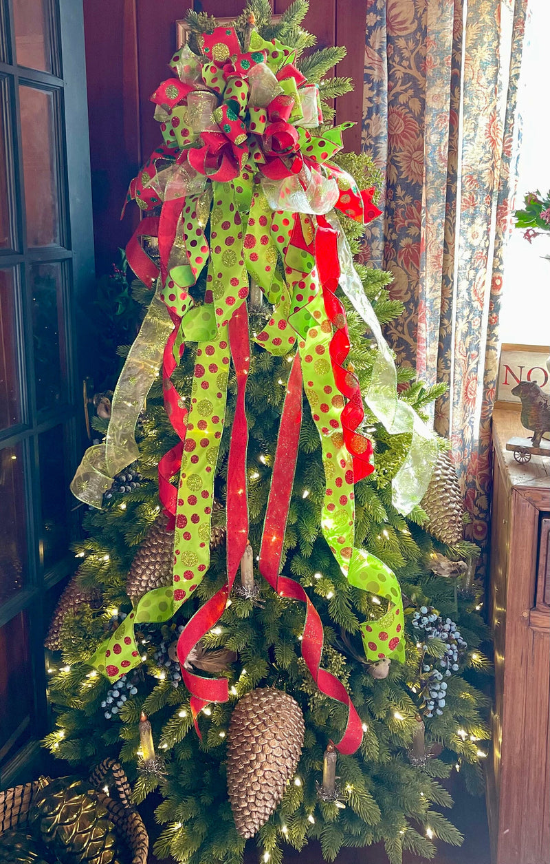 The Joy Red & Lime Green Polka Dot Christmas Tree Topper Bow