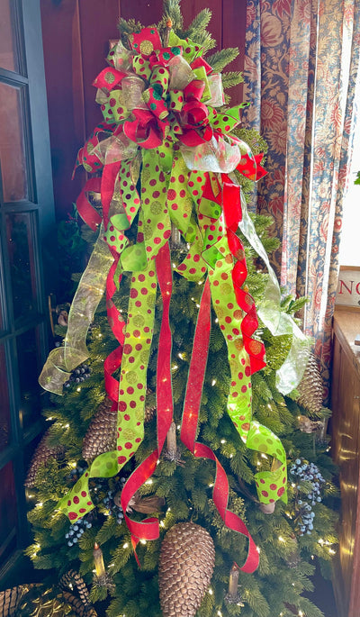 The Joy Red & Lime Green Polka Dot Christmas Tree Topper Bow