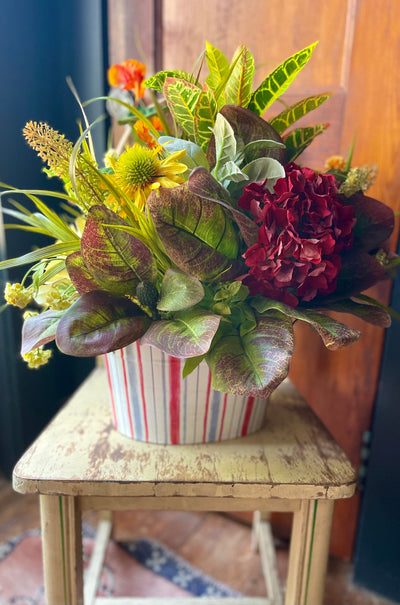 The Frieda XL Hydrangea & Succulent Greenery Centerpiece For Table, natural style mixed greens arrangement, rustic Summer office decor