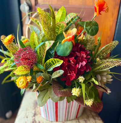 The Frieda XL Hydrangea & Succulent Greenery Centerpiece For Table, natural style mixed greens arrangement, rustic Summer office decor