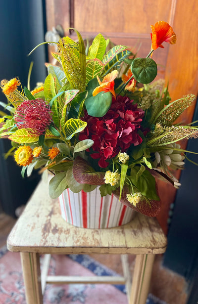 The Frieda XL Hydrangea & Succulent Greenery Centerpiece For Table, natural style mixed greens arrangement, rustic Summer office decor