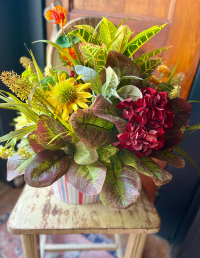 The Frieda XL Hydrangea & Succulent Greenery Centerpiece For Table, natural style mixed greens arrangement, rustic Summer office decor