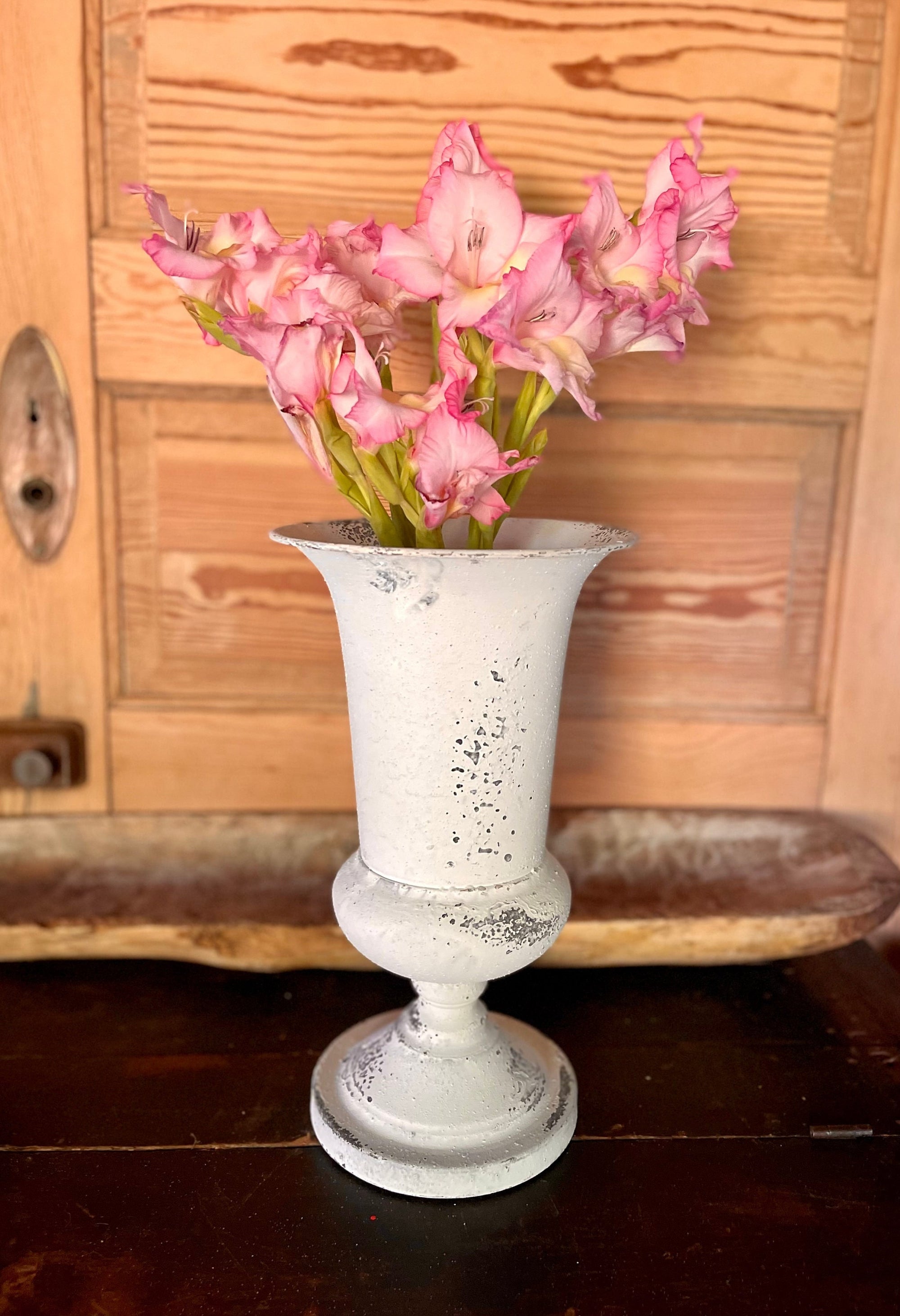 Large Distressed White Metal Footed Urn, metal container for florals, shabby chic vase for table, farmhouse metal urn, mantle urn