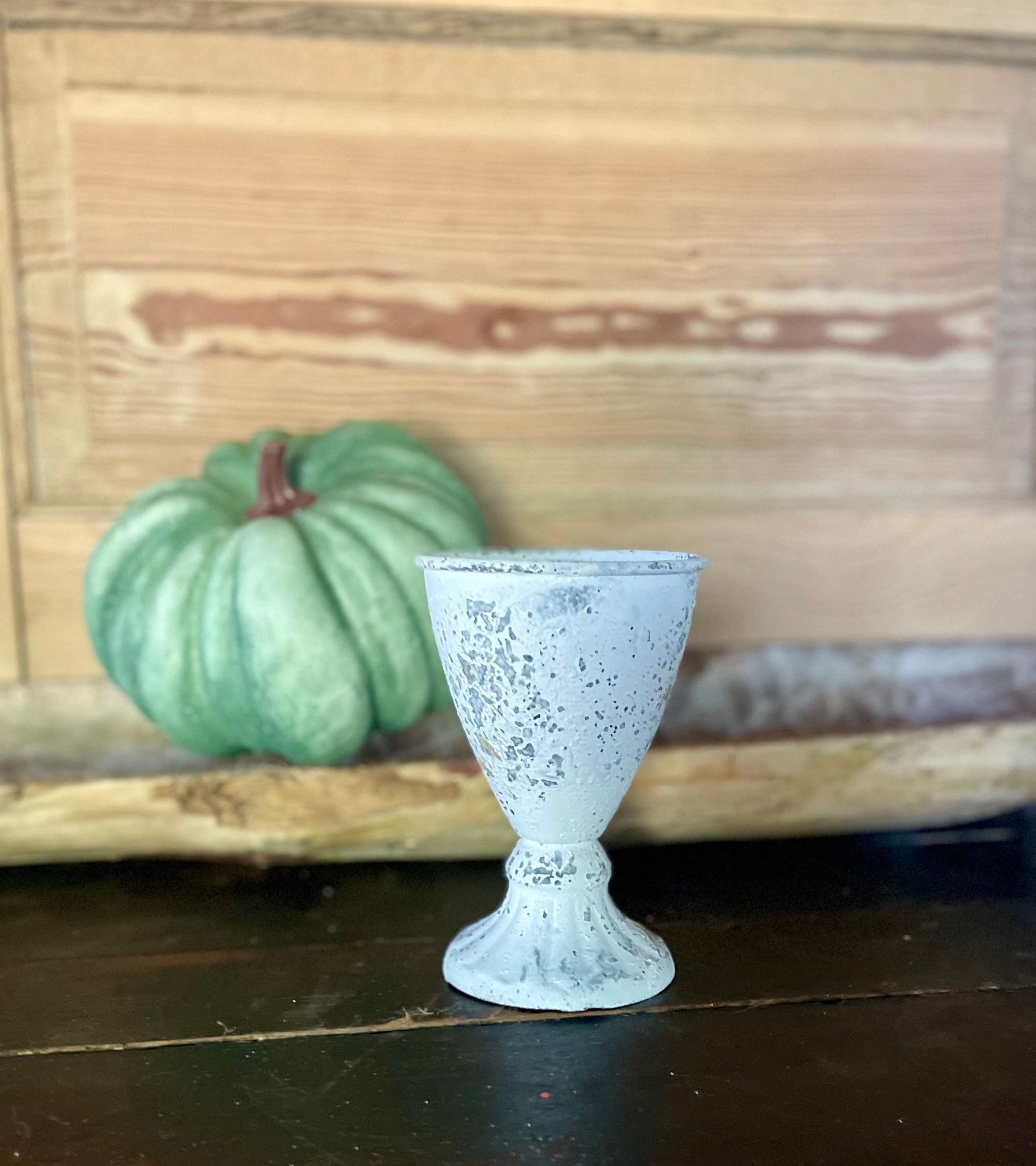 White Distressed Metal Goblet Vase, Farmhouse candle cup, shabby chic decor, small trinket holder, Cottage decor