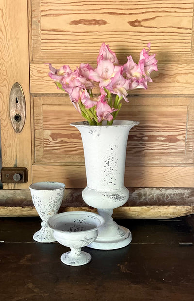 Distressed White Metal Goblet Vase