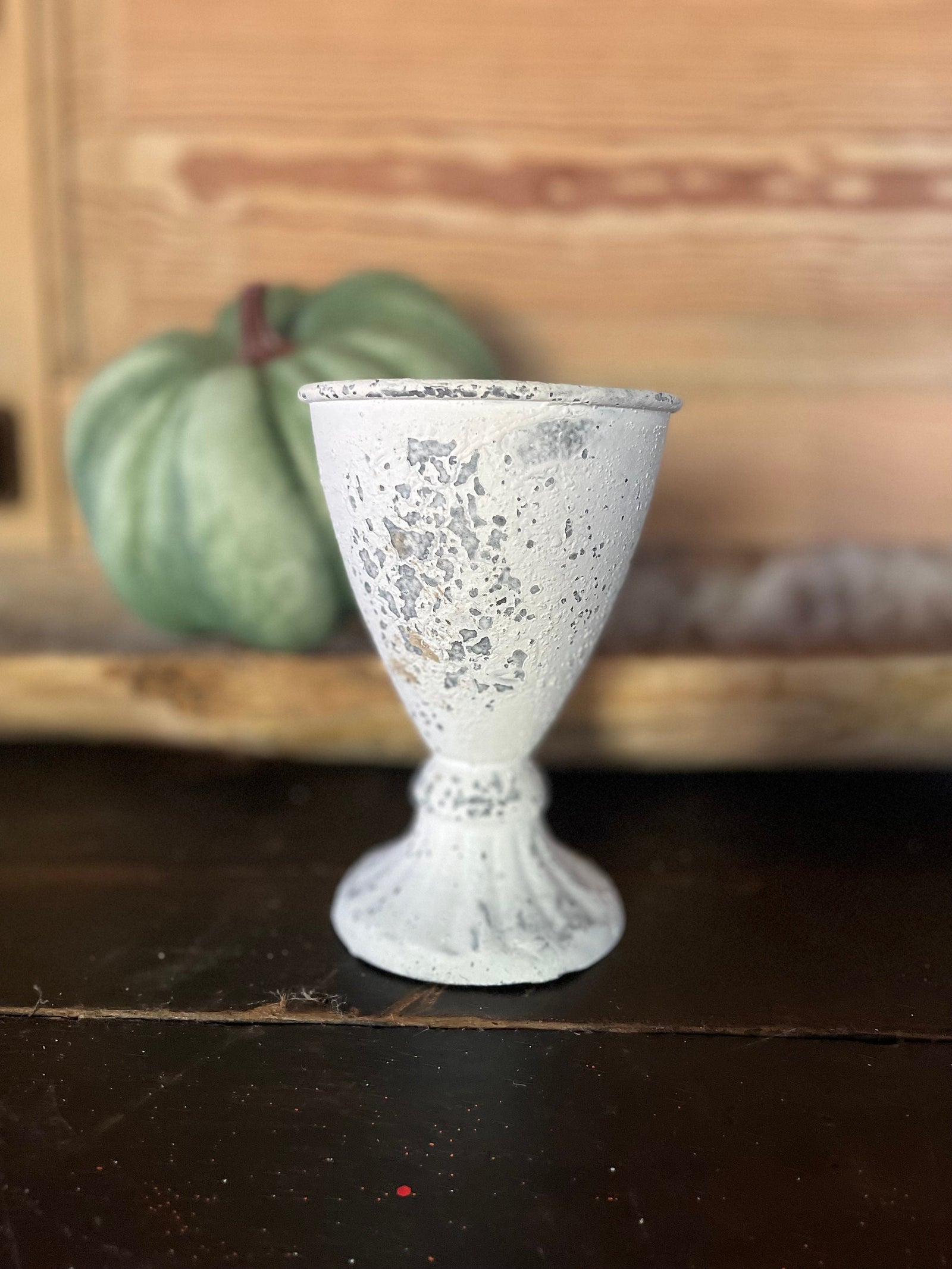 Distressed White Metal Goblet Vase