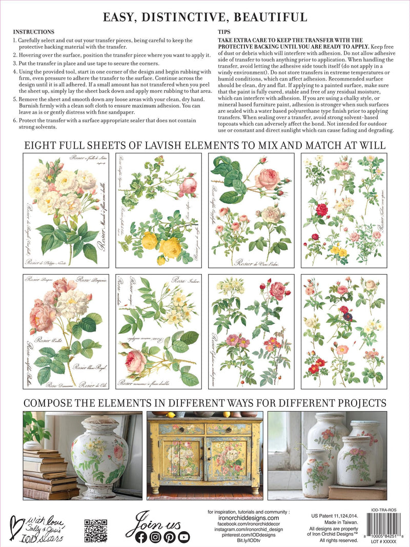 IOD Rose Botanical Rub On Transfer Sheet, Transfers for crafts, craft supply, Card embellishment, floral rose image transfer