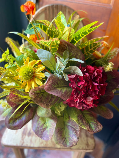 The Frieda XL Hydrangea & Succulent Greenery Centerpiece For Table, natural style mixed greens arrangement, rustic Summer office decor