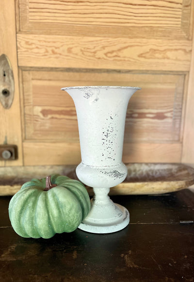 Large Distressed White Metal Footed Urn, metal container for florals, shabby chic vase for table, farmhouse metal urn, mantle urn