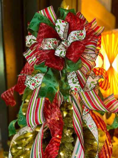 The ZsaZsa Red Green & White Christmas Tree Topper Bow