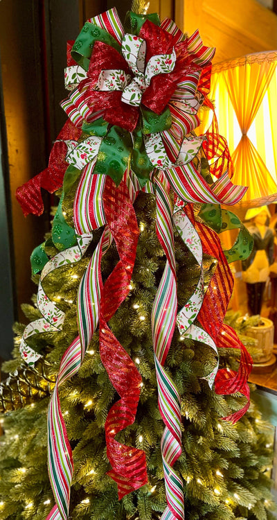 The ZsaZsa Red Green & White Christmas Tree Topper Bow