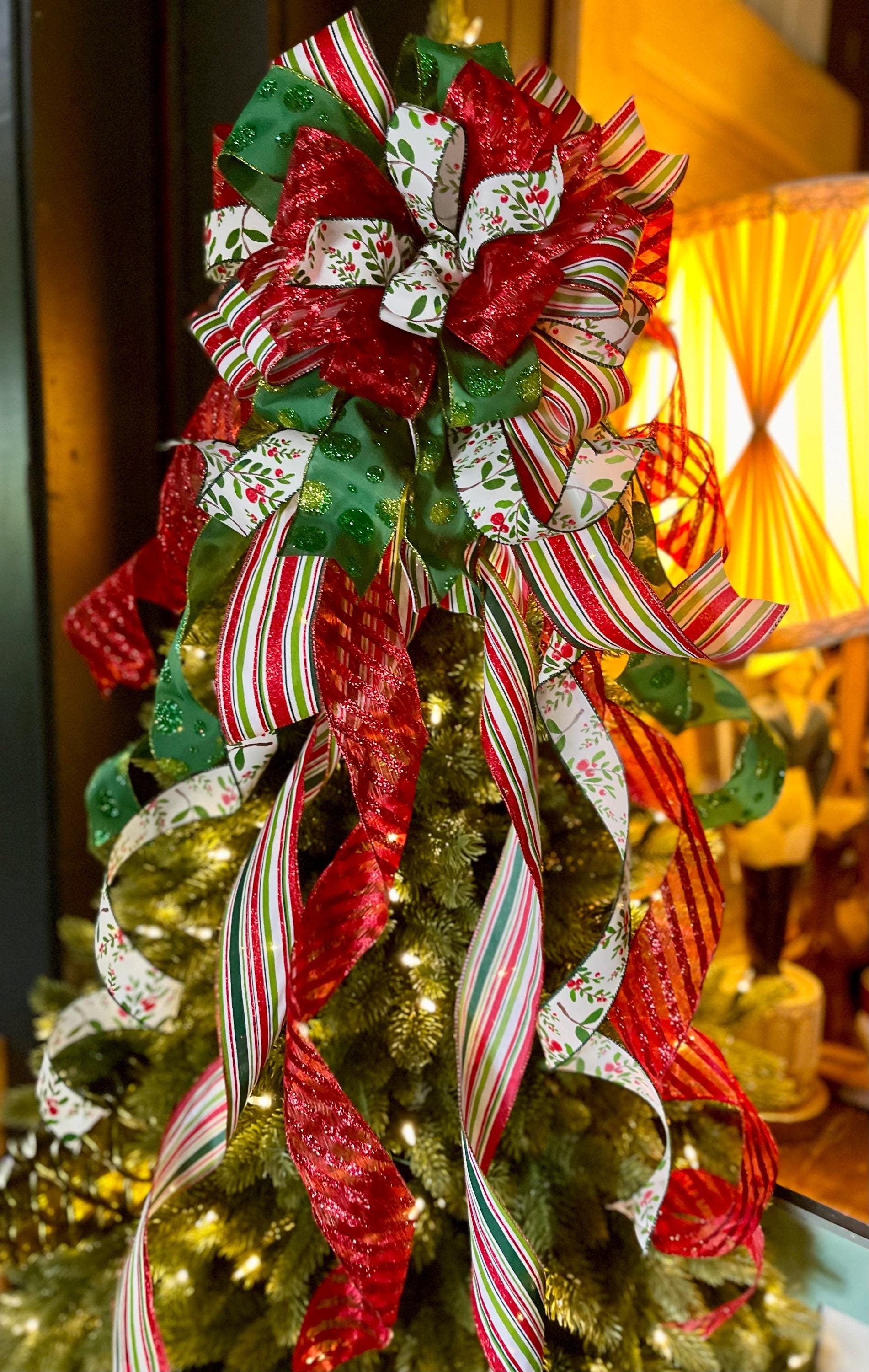 The ZsaZsa Red Green & White Christmas Tree Topper Bow