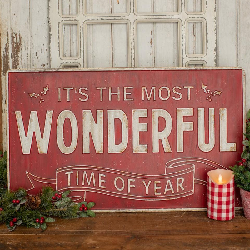 Vintage Style Galvanized Red & White Most Wonderful Time of The Year Farm Sign