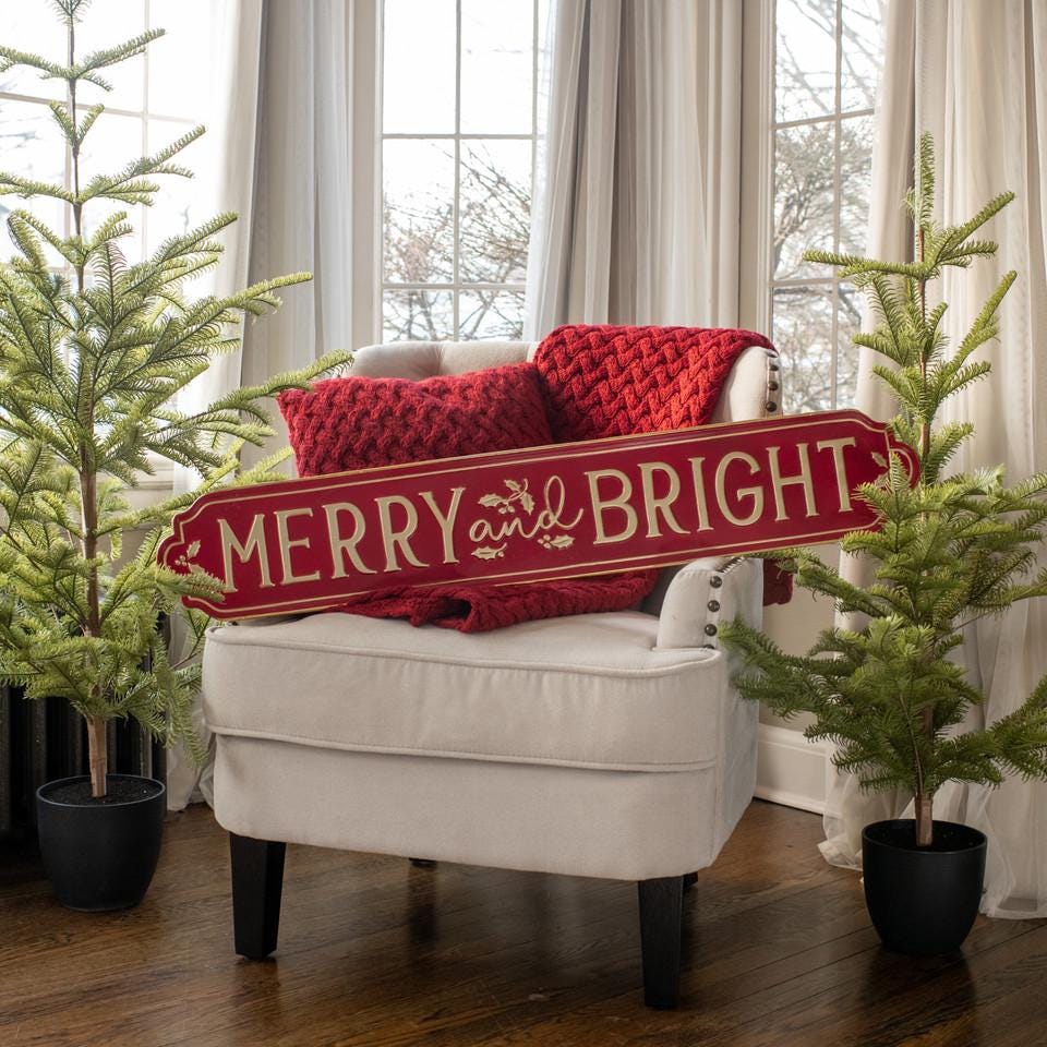 Vintage Style Metal Red and Gold Merry & Bright Farm Sign, rustic farmhouse Christmas decor, Xmas cabin holiday sign