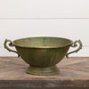 Aged Green Pedestal Bowl With Handles, Metal Urn distressed compote, Cottage Style textured urn, farmhouse compote for floral arrranging