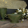 Aged Green Pedestal Bowl With Handles, Metal Urn distressed compote, Cottage Style textured urn, farmhouse compote for floral arrranging