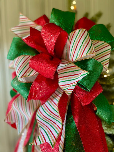 The Crystal Red Green White & Gold Christmas Tree Topper Bow, Bow topper for christmas tree, Xmas bow, ribbon tree topper, tree trimming bow