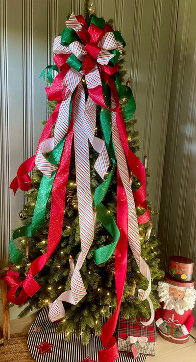 The Crystal Red Green White & Gold Christmas Tree Topper Bow, Bow topper for christmas tree, Xmas bow, ribbon tree topper, tree trimming bow