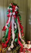 The Crystal Red Green White & Gold Christmas Tree Topper Bow, Bow topper for christmas tree, Xmas bow, ribbon tree topper, tree trimming bow