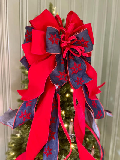 The Diana Red & Navy Blue Snowflake Christmas Tree Topper Bow