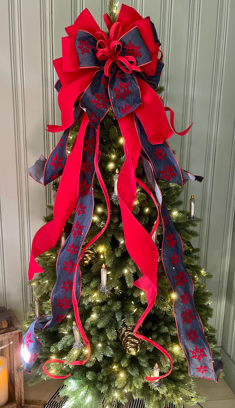 The Diana Red & Navy Blue Snowflake Christmas Tree Topper Bow