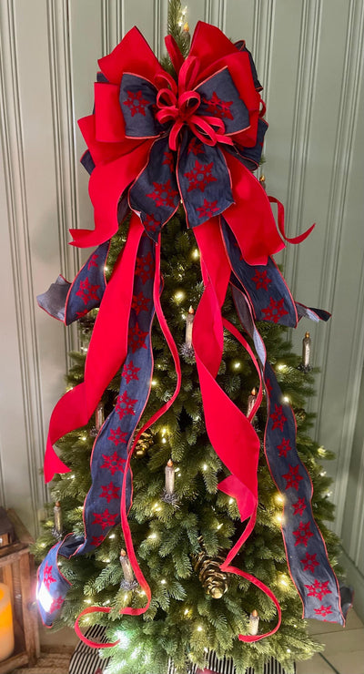 The Diana Red & Navy Blue Snowflake Christmas Tree Topper Bow