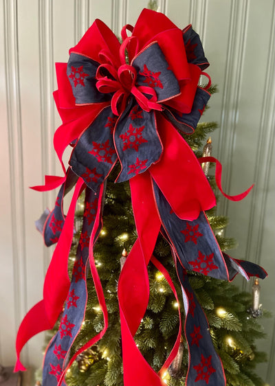 The Diana Red & Navy Blue Snowflake Christmas Tree Topper Bow