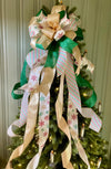 The Cynthia Green White & Gold Retro Christmas Tree Topper Bow, Bow topper for christmas tree, Xmas bow, ribbon tree topper, tree trimming