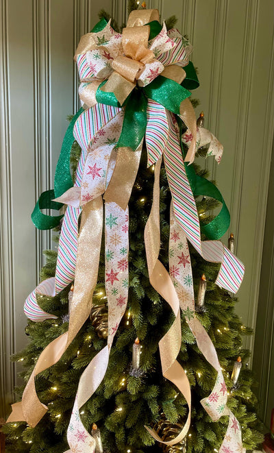 The Cynthia Green White & Gold Retro Christmas Tree Topper Bow, Bow topper for christmas tree, Xmas bow, ribbon tree topper, tree trimming