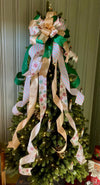 The Cynthia Green White & Gold Retro Christmas Tree Topper Bow, Bow topper for christmas tree, Xmas bow, ribbon tree topper, tree trimming