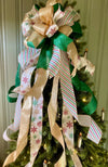 The Cynthia Green White & Gold Retro Christmas Tree Topper Bow, Bow topper for christmas tree, Xmas bow, ribbon tree topper, tree trimming