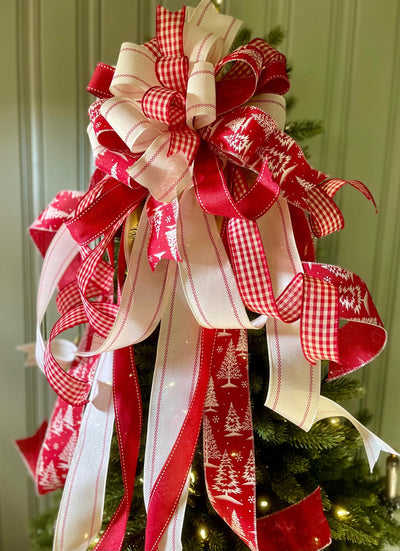 The Adrian Red & Cream Christmas Tree Topper Bow, Check plaid Bow, Xmas bow, tree trimming bow, XL tree topper bow