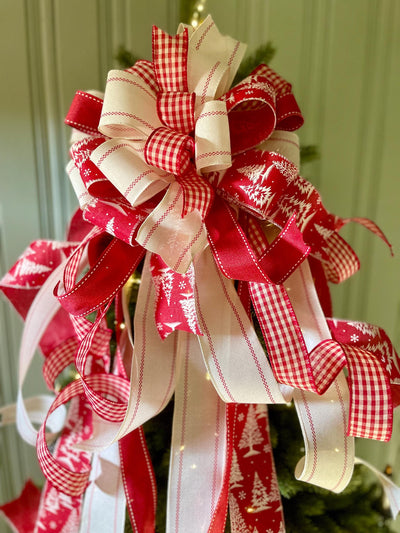 The Adrian Red & Cream Christmas Tree Topper Bow, Check plaid Bow, Xmas bow, tree trimming bow, XL tree topper bow