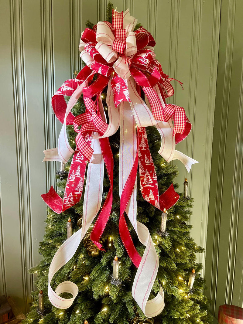 The Adrian Red & Cream Christmas Tree Topper Bow, Check plaid Bow, Xmas bow, tree trimming bow, XL tree topper bow