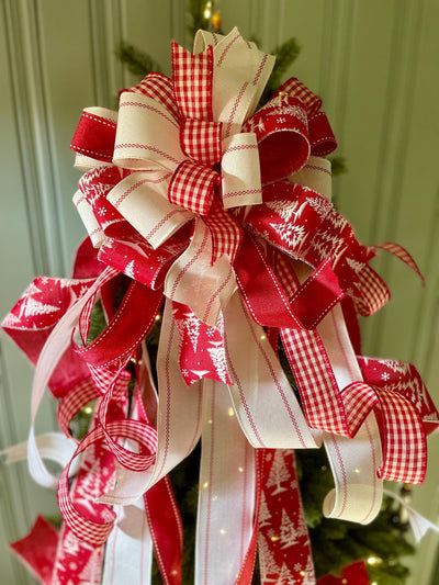 The Adrian Red & Cream Christmas Tree Topper Bow, Check plaid Bow, Xmas bow, tree trimming bow, XL tree topper bow