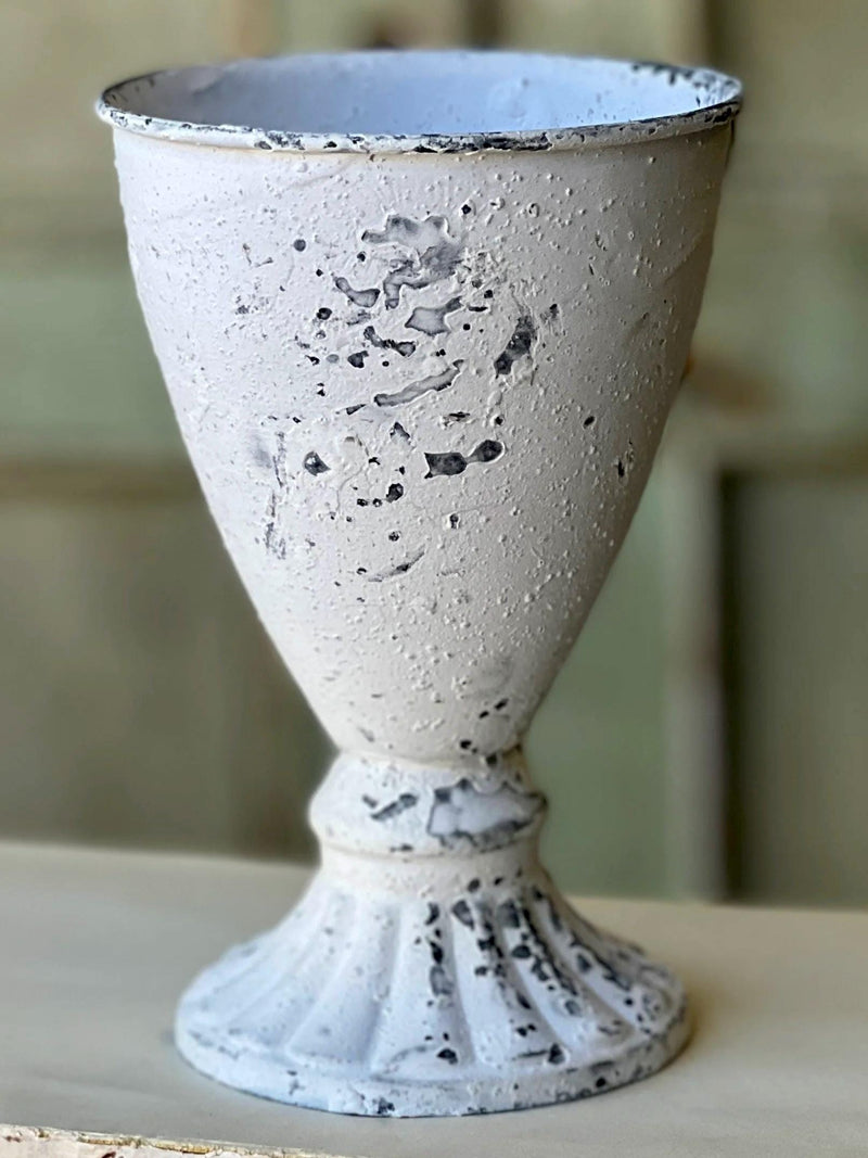 Distressed White Metal Goblet Vase