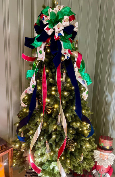 The Lita Red Navy & Green Vintage Style Christmas Tree Topper Bow